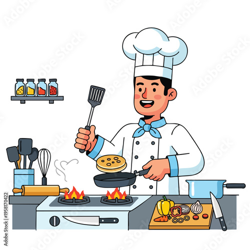 Cheerful chef cooking pancakes on a gas stove with ingredients on the side