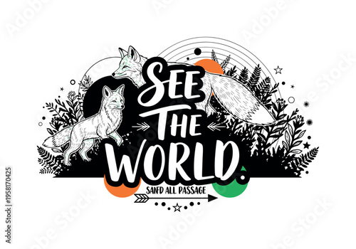 fox crossing through dense corridor vegetation abstract circles lines and geometric shapes representing smaller mammal safe passage black and white retro fox