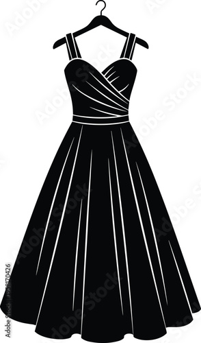 Black elegant evening dress silhouette on a hanger featuring a sweetheart neckline and pleated flared skirt for fashion vector design