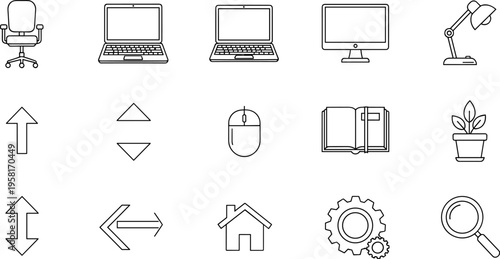 Collection of modern flat design icons for office and technology use