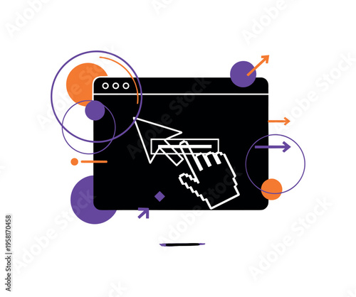 black-and-white browser window interface with large cursor hand selecting a button, geometric circles and arrows emphasizing interaction and usability, purple