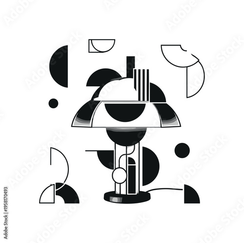 sculptural lamp with surrounding decor, geometric semicircles circles and abstract blocks illustrating balance and aesthetics, black and white retro realistic