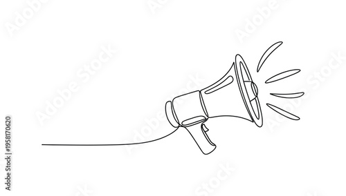 Post Reach KPI. Minimalistic one-line drawing megaphone with expanding wave lines representing post reach as a social media KPI, continuous single black line