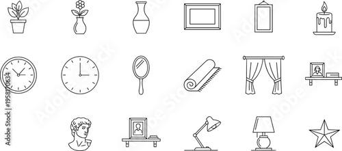 Collection of line art icons representing home decor and interior design elements