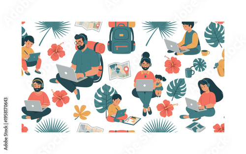 Remote work travel family seamless pattern, laptops coffee mugs backpacks cameras and palm trees with family members arranged in a repeating pattern, white