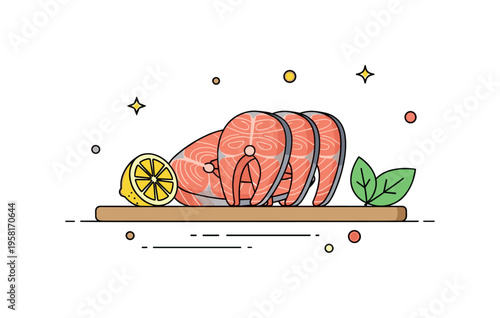 Fresh salmon fillets arranged neatly on a cutting board with a small lemon slice and herb leaf beside them. The scene reflects high quality seafood preparation