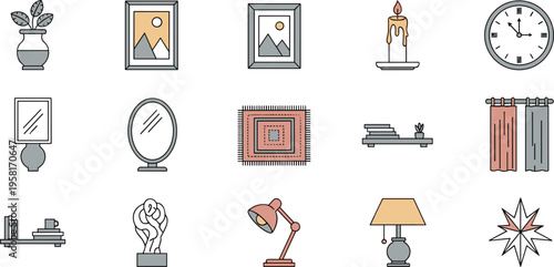 Collection of flat design icons representing various home decor and interior elements