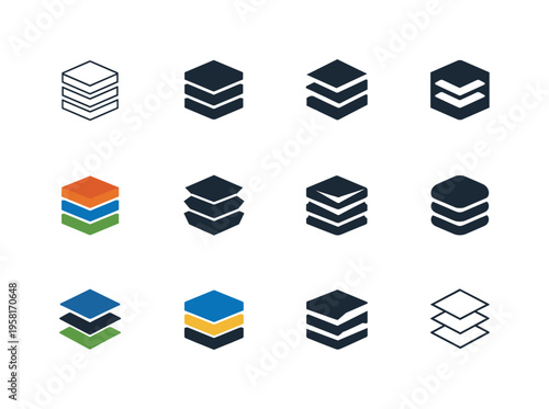 Resources. Icon set. Set Logo of Resources: stacked resource blocks. harmonious logo variations of the same emblematic concept, each with different artistic