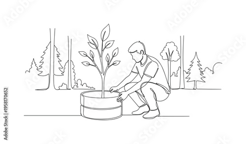 Tree Protection. Minimalistic one-line drawing individual putting protective barrier around young tree in forest, continuous single black line on white