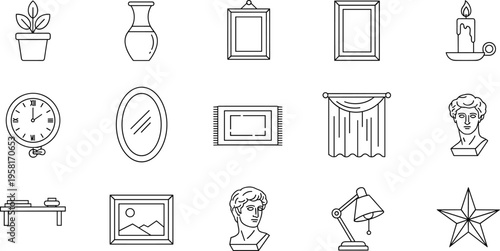 Collection of line art icons representing home decor and interior design elements