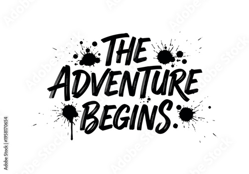 The Adventure Begins. lettering and all elements in black. Vector style. AWhite background. Pure white background. Perfect isolation and visual consistency.