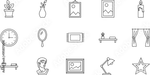 Collection of line art icons representing home decor and furniture elements