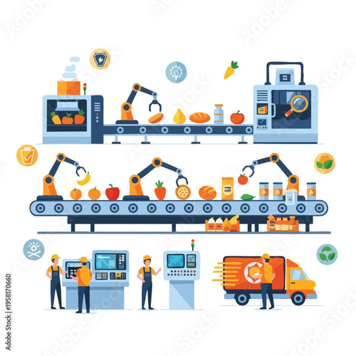 Automated food production line with robots, workers, and delivery truck