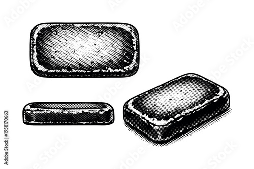 Vintage soap bar A vintage-style soap bar represented as one object, displayed in top, side, and angled views emphasizing worn edges and aged surface texture.