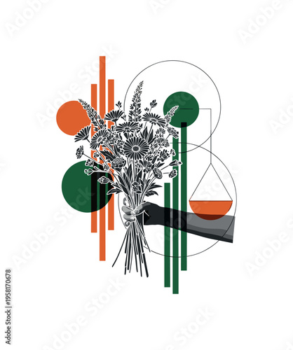 black and white bouquet of freshly picked field flowers held in a hand, white outline cut-out effect, abstract geometric circles and vertical bars suggesting