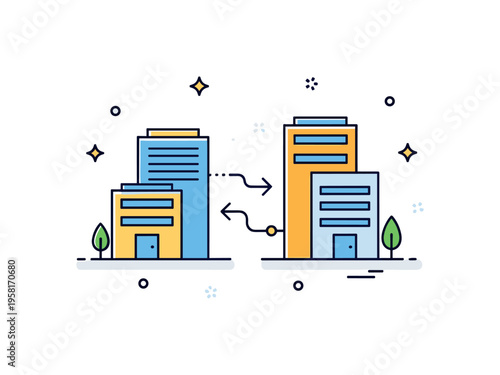Department consolidation concept featuring two simplified office blocks merging into one unified structure with subtle connecting lines. The scene expresses
