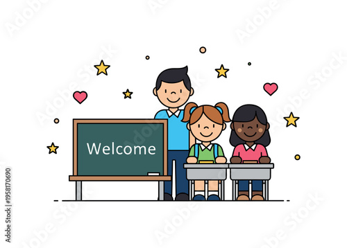 Belonging in the classroom smiling students standing beside a small chalkboard with the word Welcome symbolizing acceptance and equal participation. Decorative