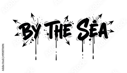 By The Sea. lettering and all elements in black. Vector style. AWhite background. Pure white background. Perfect isolation and visual consistency. Dynamic