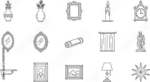 Collection of decorative home interior elements and antique objects in line art style