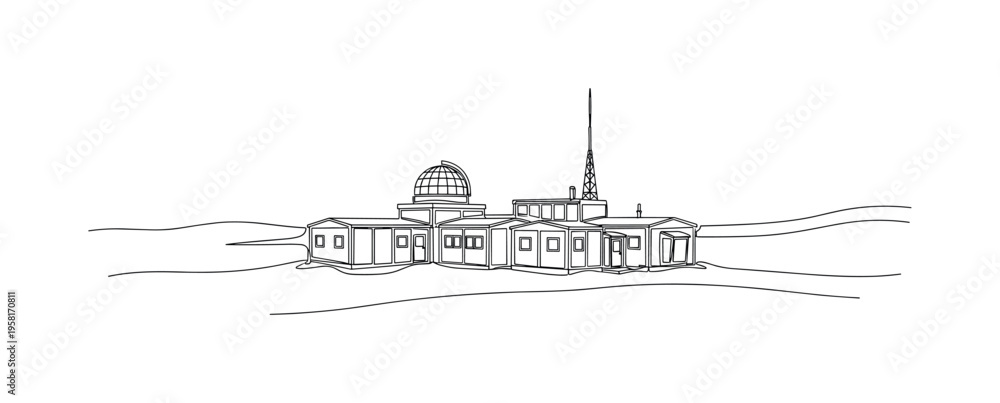 Fototapeta premium Arctic Research Station. Minimalistic one-line drawing small scientific station on snow-covered Arctic terrain, continuous single black line on white