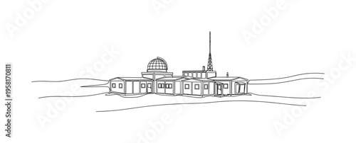 Arctic Research Station. Minimalistic one-line drawing small scientific station on snow-covered Arctic terrain, continuous single black line on white