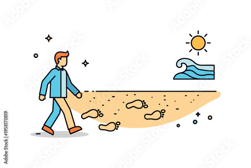 Walking on the beach a small sequence of footprints leading across sandy ground while a simple sun and wave symbol hint at a calm seaside atmosphere and