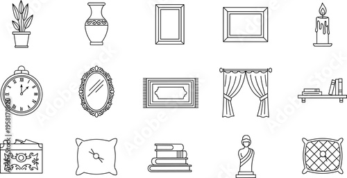 Collection of decorative home interior elements and objects in a line art style