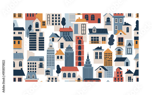 city architecture seamless pattern, stylized skyscrapers houses windows balconies and roof shapes arranged in a repeating pattern, white background with navy