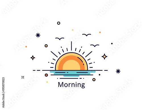 Early morning sunrise icon showing a glowing sun peeking above the horizon line with small bird silhouettes and a subtle label reading ?Morning?. The