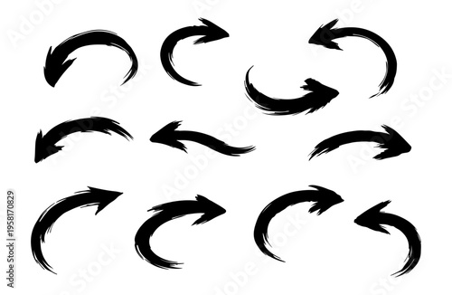 Hand Drawn Brush Arrow Set, Curved Directional Arrows, Grunge Paint Stroke Navigation Icons, Vector Scribble Arrow Collection