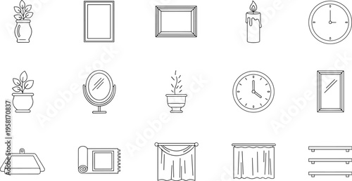 Collection of simple line art icons representing home decor and interior design elements