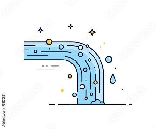 Fresh water stream a simple flowing ribbon of water with small bubbles and droplets symbolizing purity, movement and natural vitality. Minimalist flat vector