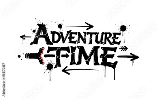 Adventure Time. lettering and all elements in black. Vector style. AWhite background. Pure white background. Perfect isolation and visual consistency. Dynamic