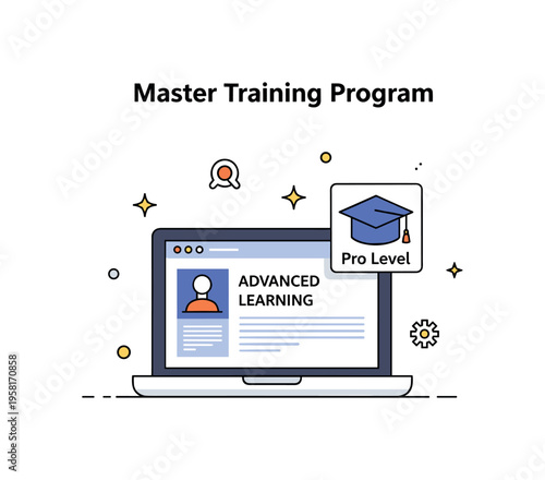 Master training program illustrated with a laptop showing an advanced learning dashboard and a small graduation cap icon labeled ?Pro Level?. The scene