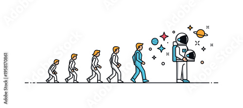 Cosmic evolution of humanity series of simplified figures evolving toward a space explorer holding a helmet while stars and planets appear ahead. Inspiring