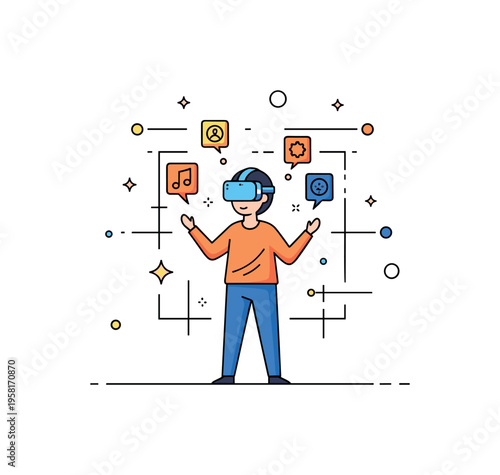 Future digital immersion concept with a person standing in a virtual space grid while wearing a VR headset and interacting with floating symbols. Small star