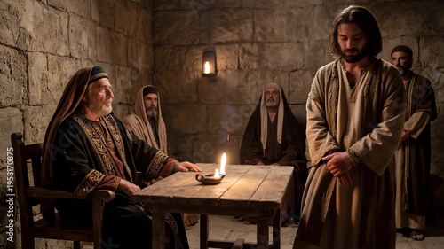 Jesus standing before high priest Annas in a stone hall during interrogation