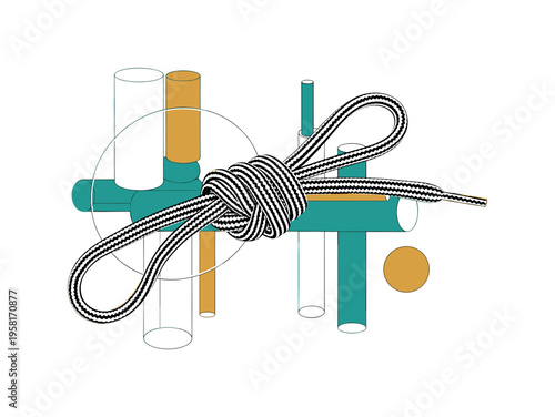 black-and-white sneaker lace forming a large looping knot floating in space, geometric cylinders and circles surrounding the knot like structural elements,