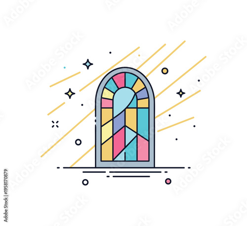 Peaceful interior moment featuring an arched stained glass window as the focal point with luminous rays spreading diagonally across a minimal backdrop. Subtle