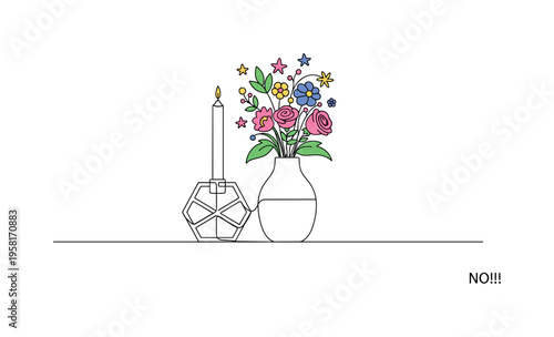 Modern Minimal Candle Holder. Minimalistic one-line drawing sleek modern candle holder with geometric design, continuous single black line on white background,