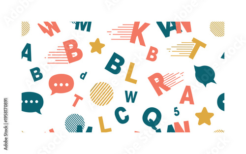 dynamic typefaces seamless pattern, floating words, letters, motion lines, typographic elements and speech bubbles arranged in a repeating pattern, white
