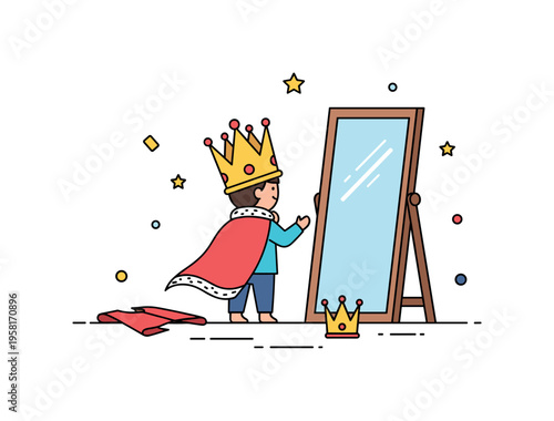 Playing dress-up childhood imagination moment where a small child stands in front of a mirror wearing an oversized crown and cape while costume pieces lie