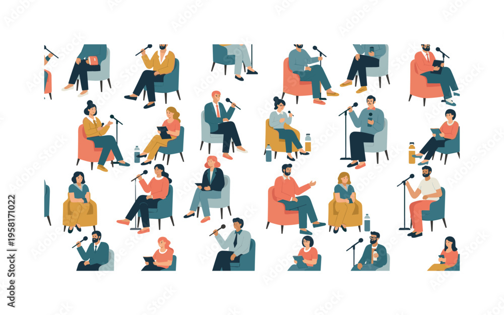Fototapeta premium expert panel discussion seamless pattern, speakers seated, discussing topics, microphones, audience, notebooks and water bottles arranged in a repeating