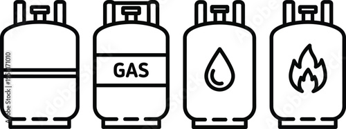 Four gas cylinders with different labels and symbols