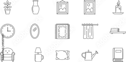 Collection of line art icons representing various home decor and furniture items