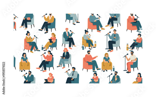 expert panel discussion seamless pattern, speakers seated, discussing topics, microphones, audience, notebooks and water bottles arranged in a repeating