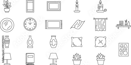 Collection of line art icons representing home decor and furniture items