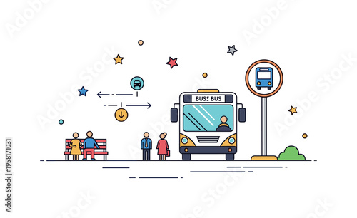 Public bus transportation a friendly city bus stopping at a simple bus stop sign while small passenger figures and route symbols illustrate everyday urban