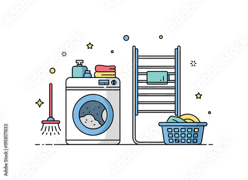 Tiny home laundry solution a miniature washer next to a foldable drying rack and small laundry basket showing practical everyday cleaning routines in limited
