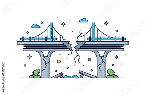 Earthquake damaged infrastructure broken bridge structure with cracks and debris suggesting severe seismic impact on transportation systems. The scene reflects
